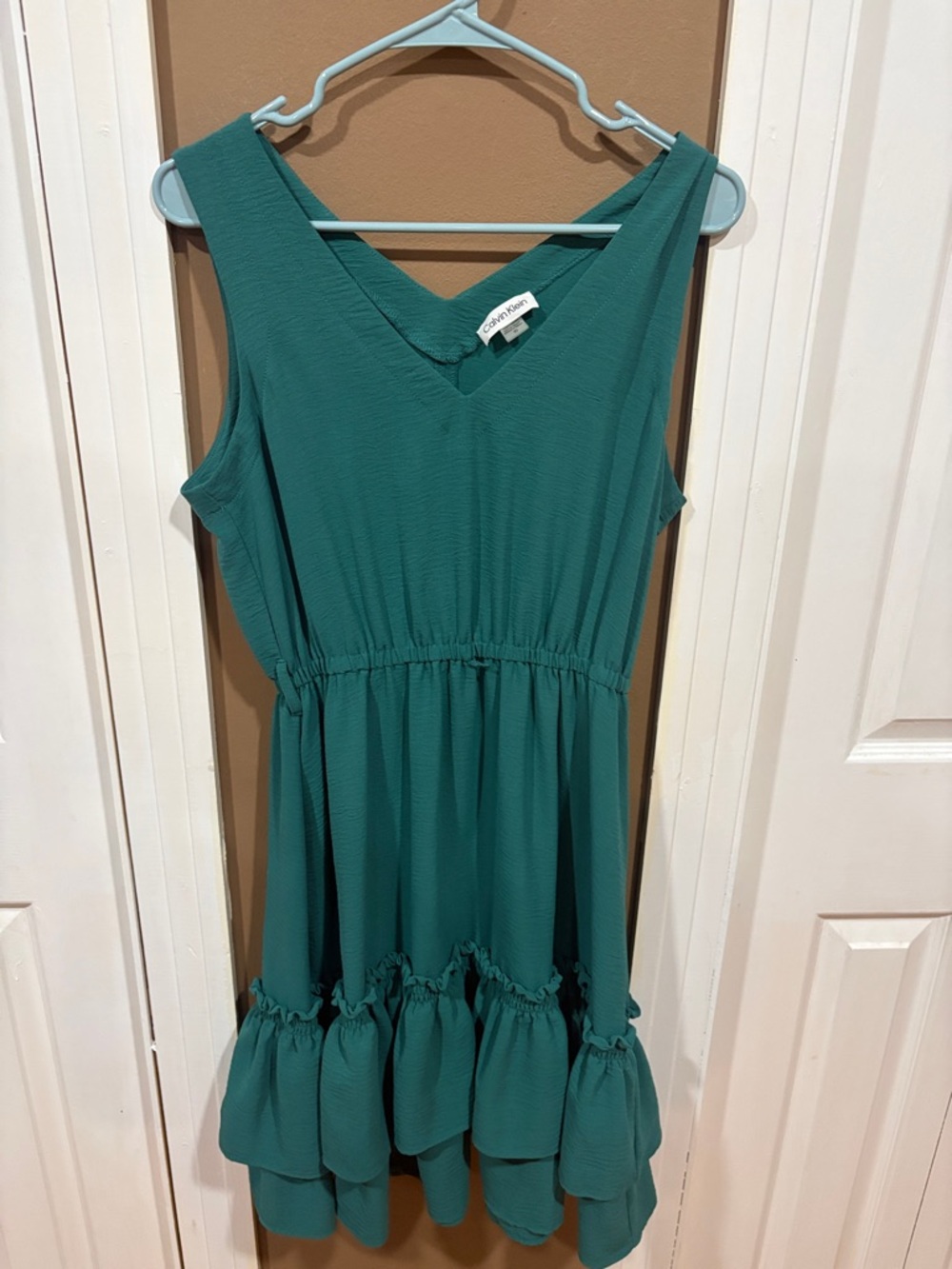 Calvin Klein Teal V-Neck Ruffle Hem Dress